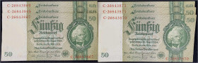 Die deutschen Banknoten ab 1871 nach Rosenberg
Deutsches Reich, 1871-1945
6 X 50 Reichsmark 30.3.1933. KN 8-stellig und fortlaufend 26843867 - 26843...