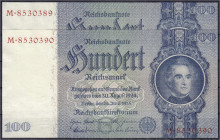 Die deutschen Banknoten ab 1871 nach Rosenberg
Deutsches Reich, 1871-1945
2 X 100 Reichsmark 24.6.1935. Fortlaufende KN. 8530389 - 8530390, Udr.-Bst...