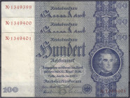 Die deutschen Banknoten ab 1871 nach Rosenberg
Deutsches Reich, 1871-1945
3 X 100 Reichsmark 24.6.1935. Fortlaufende KN. 1349399 - 1349401, Udr.-Bst...