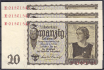 Die deutschen Banknoten ab 1871 nach Rosenberg
Deutsches Reich, 1871-1945
3 X 20 Reichsmark (Tirolerschein) 16.6.1939. Fortlaufende KN. 01501544 - 0...