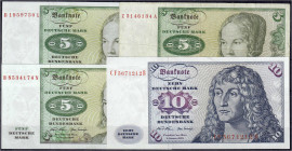 Die deutschen Banknoten ab 1871 nach Rosenberg
Westliche Besatzungszonen und BRD, ab 1948
4 Stück: 3 X 5 Deutsche Mark incl. Austauschnote u. 10 Deu...