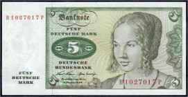 Die deutschen Banknoten ab 1871 nach Rosenberg
Westliche Besatzungszonen und BRD, ab 1948
5 Deutsche Mark 2.1.1970. Serie B/P 1027017.
II+, sehr se...