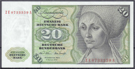 Die deutschen Banknoten ab 1871 nach Rosenberg
Westliche Besatzungszonen und BRD, ab 1948
20 Deutsche Mark Austauschnote 2.1.1970. Serie ZE/A.
II+,...