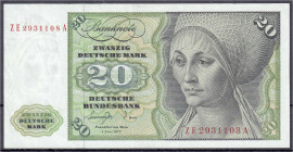 Die deutschen Banknoten ab 1871 nach Rosenberg
Westliche Besatzungszonen und BRD, ab 1948
20 Deutsche Mark Austauschnote 1.6.1977. Serie ZE/A.
III+...