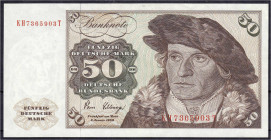 Die deutschen Banknoten ab 1871 nach Rosenberg
Westliche Besatzungszonen und BRD, ab 1948
50 Deutsche Mark 2.1.1980. Serie KH/T. Mit Copyright.
I. ...