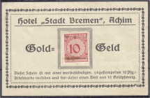 Deutsches Notgeld und KGL
Achim (Niedersachsen)
Hotel "Stadt Bremen". Briefmarkengeld zu 10 Goldpfennige o.D. Der Schein ist mit einer ehem. angehef...