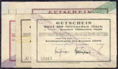 Deutsches Notgeld und KGL
Alfeld a.d. Leine (Niedersachsen)
Kreissparkasse, 7 Scheine zu 100 Tsd., 1 Mio. 3 X 2 Mio., 10 und 100 Mrd. Mark 10.8. u. ...