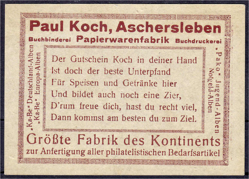 Deutsches Notgeld und KGL
Aschersleben (Prov. Sachsen)
Paul Koch Papierwarenfa...
