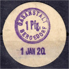 Deutsches Notgeld und KGL
Bergedorf (Hamburg)
Gasanstalt, 1 Pfg. 1.1.1920. Karton rund.
II. L.S.K. 39b. Keller 143b.