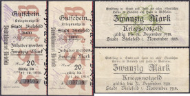 Deutsches Notgeld und KGL
Bielefeld (Westfalen)
2 versch. 20 Mark, Kriegsnotgeld. 01.11.1918 - 31.12.1918. Scheckabschnitt ohne Reihe, 2 Handuntersc...