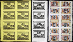 Deutsches Notgeld und KGL
Bielefeld (Westfalen)
Notgeld besonderer Art
Insgesamt 3 Stück, Druckbögen zu 8 X 100 Mark 15.7.1921. gelbe Seide, Inschr...