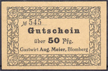 Deutsches Notgeld und KGL
Blomberg (Lippe)
Gastwirt Aug. Meier, Gutschein über 50 Pfg. o.D. I- Weiß 27b.