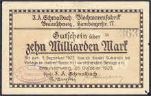 Deutsches Notgeld und KGL
Braunschweig (Niedersachsen)
J. A. Schmalenbach, Blechwarenfabrik, 10 Mrd. Mark 26.10.1923. Gültig bis 1.12.1923. O. Wz.
...