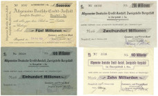 Deutsches Notgeld und KGL
Burgstädt (Sachsen)
Commerz- und Privat Bank A.-G., auf Allgemeine Deutsche Credit-Anstalt. 4 versch. Scheine zu 5, 100, 2...