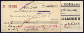 Deutsches Notgeld und KGL
Chemnitz (Sachsen)
Industrie- und Baubank A.-G., Kundenscheck zu 100 Tsd. Mark 4.8.1923, Aussteller SIGMUND GOERITZ, dazu ...