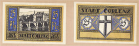 Deutsches Notgeld und KGL
Coblenz (Rheinland)
Stadt, 2 einseitige Probedrucke der Vs. und Rs. zu 25 Pfg. 1.5.1921, auf Karton geklebt. Mit zusätzlic...