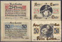 Deutsches Notgeld und KGL
Coesfeld
Kreis, 4 einseitige Probedrucke zu 25 u. 50 Pfg. o.D. (1918). Jeweils Vs. u. Rs. Wz. Wellenbündel. Alle mit Farbu...