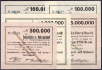 Deutsches Notgeld und KGL
Delmenhorst (Oldenburg)
Hanseatische Jutespinnerei und Weberei, 5 Scheine zu 2 X 100, 500 Tsd. Mark, 1 und 5 Mio. Mark 15....