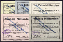 Deutsches Notgeld und KGL
Delmenhorst (Oldenburg)
Hanseatische Jutespinnerei und Weberei, 5 Scheine zu 500 Mio., 1, 10, 20 u. 50 Mrd. Mark 24.10.192...