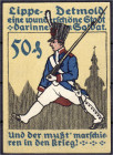 Deutsches Notgeld und KGL
Detmold (Westfalen)
Stadt, 50 Pfg. Soldat als Unteroffizier, Litze an Kragen und Ärmel, August 1920. Wz. Schuppen.
I- Lin...