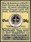 Deutsches Notgeld und KGL
Detmold (Westfalen)
Temmler Werke, 50 Pfg. Werbeschein 1920. II-III, winz. Einriss. Lindman 260.2.d1.