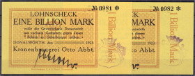 Deutsches Notgeld und KGL
Donauwörth
Kronenbrauerei Otto Abbt. 2 X 1 Bio. Mark o.D. 1923. Gedruckter Lohnscheck auf Gewerbebank. Fortlaufende KN.
I...