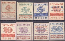 Deutsches Notgeld und KGL
Düsseldorf (Rheinland)
Eisenmarken der VSE, insgesamt 8 Scheine zu 1, 2 X 5, 4 X 10 und 50 Kilo o.D. 1948. unterschiedlich...