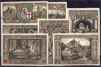 Deutsches Notgeld und KGL
Eisenach (Thüringen)
Stadt, 7 einseitige Probedrucke zu 50 Pfg. 1921. 1 X Vs. u. 6 X Rs. Alle Bilder komplett, leichte Far...