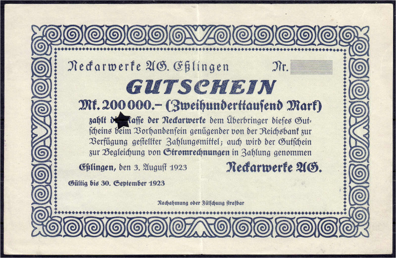 Deutsches Notgeld und KGL
Esslingen (Württemberg)
Neckarwerke, Gutschein zu 20...