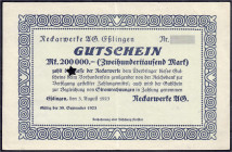 Deutsches Notgeld und KGL
Esslingen (Württemberg)
Neckarwerke, Gutschein zu 200 Tsd. Mark 3.8.1923. Gültig bis 30.9.1923. Ohne KN. und mit Sternenlo...