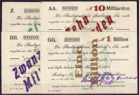 Deutsches Notgeld und KGL
Freiberg (Sachsen)
Stadthauptkasse 4 Scheine zu 1, 10 u. 20 Mrd. und 1 Bio. Mark 4.10, 22.10 u. 14.11.1923. III. Keller 15...