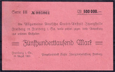 Deutsches Notgeld und KGL
Freiberg (Sachsen)
Porzellanfabrik Kahla Zweigniederlassung, 500 Tsd. Mark 15.8.1923. winz. Einriss, sonst II+