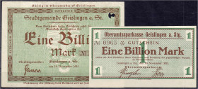 Deutsches Notgeld und KGL
Geislingen (Württemberg)
Stadtgemeinde und Oberamtssparkasse, 2 Scheine zu jeweils 1 Billion Mark 14. u. 20.11.1923. III u...