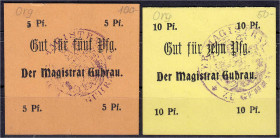 Deutsches Notgeld und KGL
Guhrau (Schlesien)
Magistrat, 5 und 10 Pfg. (1914). 5 Pfg. in den 4 Ecken mit „Pf.“, 10 Pfg. gelb und mit „Pf.“ in den 4 E...
