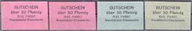 Deutsches Notgeld und KGL
Hamburg (Hamburg)
Rud. Pabst, 4 Gutscheine zu 20 u. 3 X 50 Pfg. o.D. (Nov. 1918) auf Karton. 50 Pfg. in blau, rot und grün...