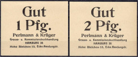Deutsches Notgeld und KGL
Hamburg (Hamburg)
Perlmann & Krüger, 2 Gutscheine zu 1 und 2 Pfg. Karton o.D. I- L.S.K. 234.