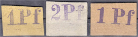 Deutsches Notgeld und KGL
Hamburg (Hamburg)
F.H. Schmidt, 3 Kleingeldscheine auf Karton zu 2 X 1 (Var.) und 2 Pfg. o.D. Rs. Firmenstempel. 1 Pfg. mi...
