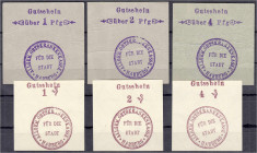 Deutsches Notgeld und KGL
Harburg (Hannover)
Allgemeine Ortskrankenkasse, 6 Scheine zu je 2 X 1, 2 u. 4 Pfg. o.D. 3 X grauer Karton mit violettem St...