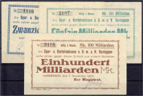 Deutsches Notgeld und KGL
Hardegsen (Niedersachsen)
Der Magistrat, 3 Scheine zu 20, 50 und 100 Mrd. Mark 7.11.1923. Ohne Wz.
II bis III+, sehr selt...