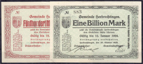 Deutsches Notgeld und KGL
Herbrechtingen (Württemberg)
Gemeinde, 2 Scheine zu 500 Mrd. und 1 Bio. Mark 26.10.1923. Text: so dürftig ich als Geld "je...