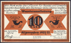 Deutsches Notgeld und KGL
Königsberg (Ostpreußen)
Wanderausstellung Ostpreußen GmbH, 10 Mark o.D., gültig bis 31.12.1922. Scheck der Ostbank für Han...
