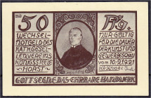 Deutsches Notgeld und KGL
Königssteele-Horst (Westfalen)
Kathol.-Gesellenverein. 50 Pfg. Kunst und Gewerbeschau 10.-21.9.1921. I- Lindman 708.