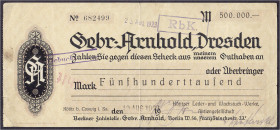 Deutsches Notgeld und KGL
Kötitz bei Coswig (Sachsen)
Kötitzer Leder- und Wachstuch-Werke A.-G., 500 Tsd. Mark 10.8.1923. V, Einrisse sauber geklebt...
