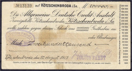 Deutsches Notgeld und KGL
Kötzschenbroda (Sachsen)
Allgemeine Deutsche Credit-Anstalt Zweigstelle Kötzschenbroda, Kundenscheck zu 200 Tsd. Mark 10.8...