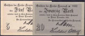 Deutsches Notgeld und KGL
Kreuznach (Rheinland-Pfalz)
Stadt, 5 und 20 Mark o.D., einlösbar bis Nov. 1918.
II, leichte Stockflecken. Geiger. 294. 01...