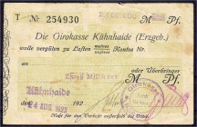 Deutsches Notgeld und KGL
Kühnhaide (Sachsen)
Girokasse, 2 Mio. Mark 24.8.1923. IV, fleckig. Keller 2832.