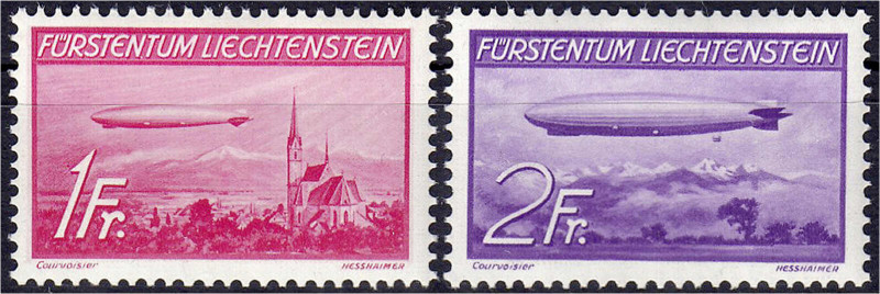 Ausland
Liechtenstein
1 Fr. + 2 Fr. Zeppeline 1936, kompletter Satz in postfri...