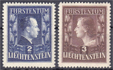 Ausland
Liechtenstein
2 Fr. - 3 Fr. Fürstenpaar 1951, kompletter Satz in postfrischer Erhaltung, A-Zähnung.
** Michel 304 A - 305 A.