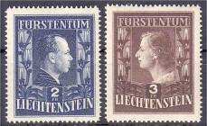 Ausland
Liechtenstein
2 Fr. - 3 Fr. Fürstenpaar 1951, kompletter Satz in postfrischer Erhaltung, B-Zähnung. Mi. 1.460,-€.
** Michel 304 B - 305 B....