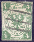Deutschland
Altdeutschland
Lübeck
4 S Wappen von Lübeck 1859/62, gestempelt, dunkelgrün bis schwärzlichopalgrün, Wasserzeichen Blumen, geschnitten,...